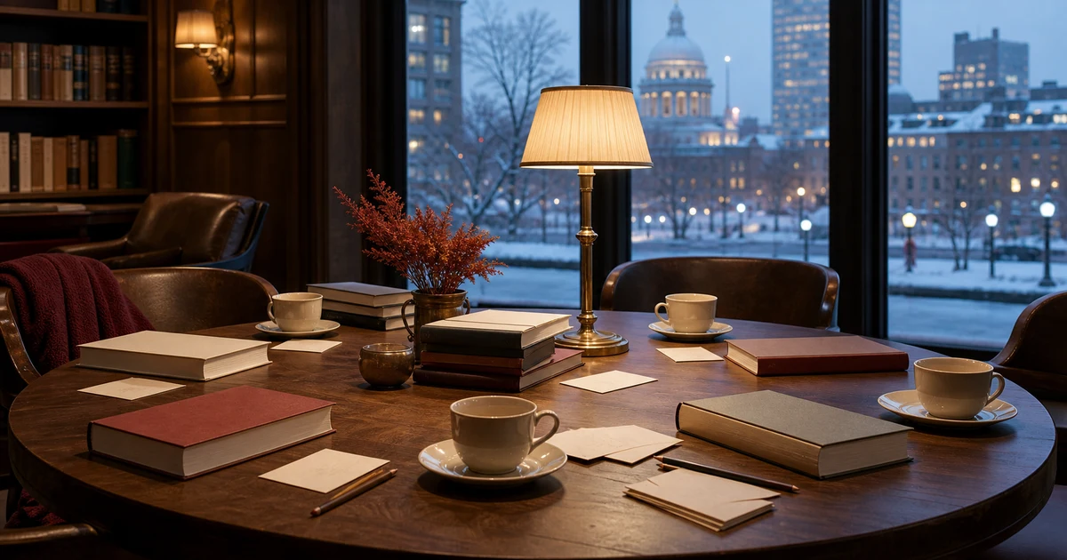 A winter evening civic reading salon with blank books, note cards, tea cups, and city lights beyond tall windows