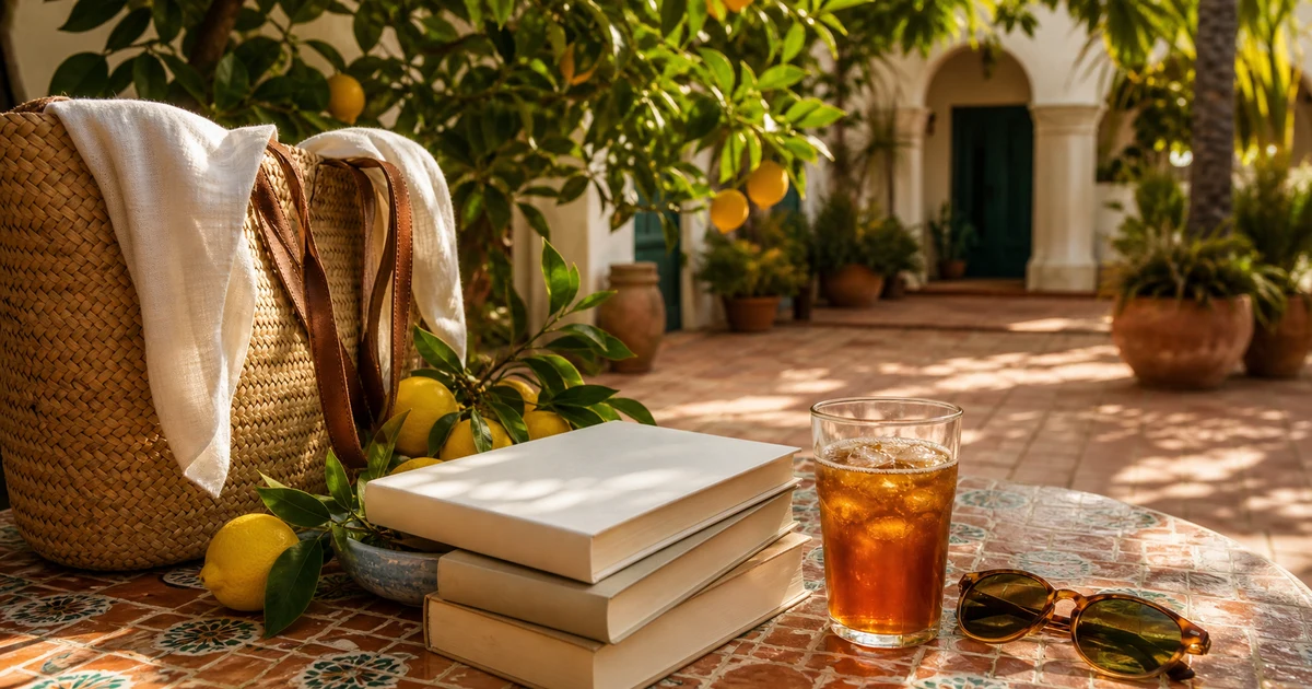 A shaded summer courtyard with blank books, citrus branches, sunglasses, iced tea, and warm terracotta tile