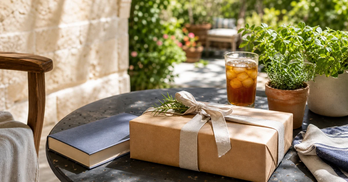 Sunny Austin patio with kraft-wrapped book gift, blank hardcover, iced tea, and potted herbs