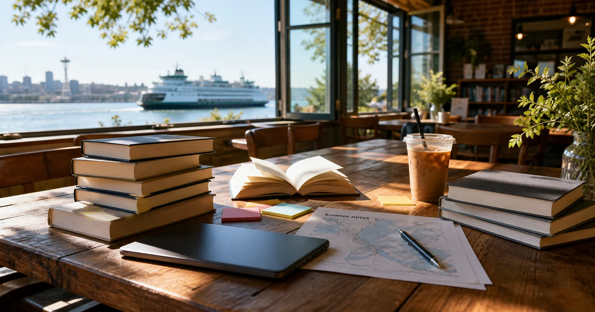Bright Seattle lakeside literary coffeehouse with blank technology books, iced coffee, sticky notes, an unbranded tablet, and summer ferry light