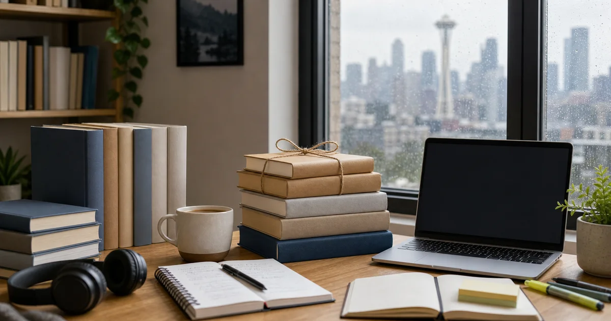 Rainy Seattle student desk with blank technology books, wrapped book gifts, coffee, notebooks, headphones, and an unbranded laptop