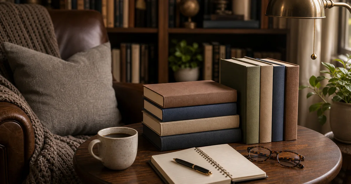 Warm home library side table with blank history and business books, reading glasses, coffee, notebook, and a leather chair