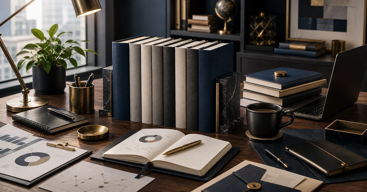 Modern operator desk with blank business books, logo-free laptop, strategy notes, and brass details
