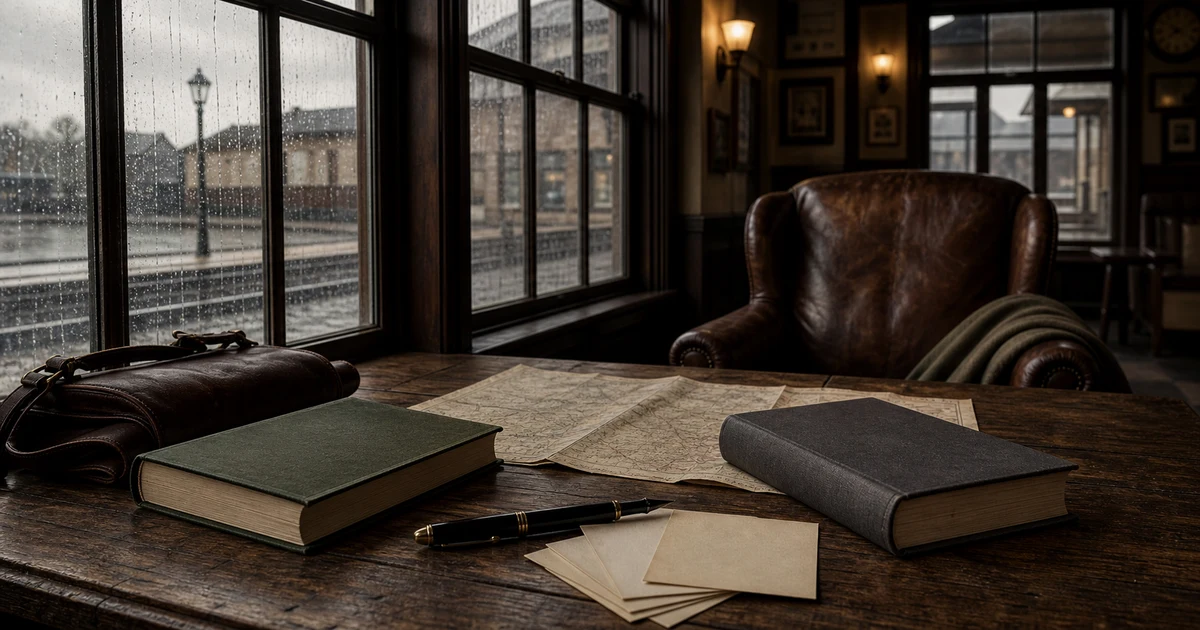 A rainy railway reading room with two blank books, a folded map, a fountain pen, and a quiet comparison table