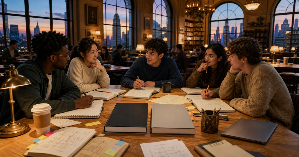 Warm New York library cafe with students discussing two blank technical books, notebooks, flowchart notes, coffee cups, and an unbranded laptop