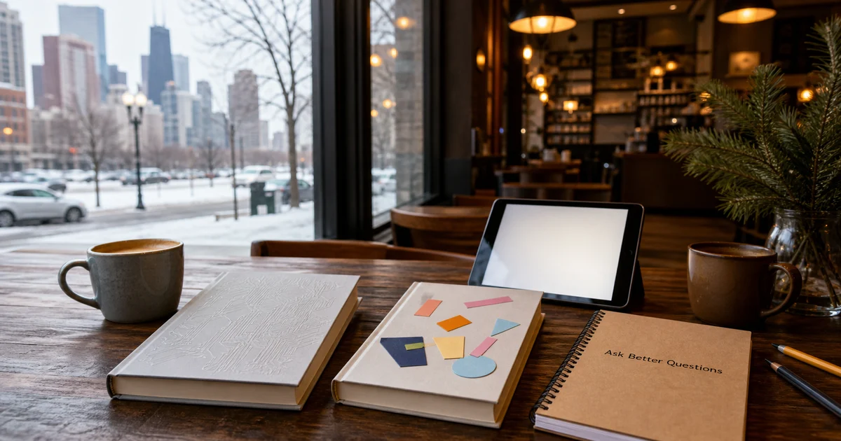 Bright Chicago winter coffeehouse table with blank technology books, unbranded tablet, mugs, and a notebook for better family questions