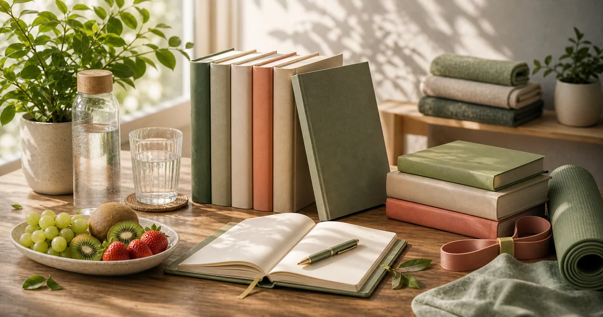 Natural-light wellness reading desk with blank books, fruit, water glass, exercise band, and plant shadows