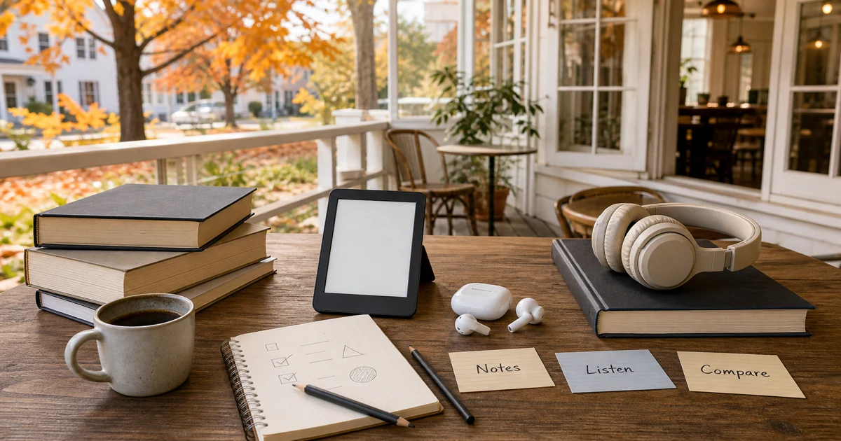 Autumn cafe porch table with blank technology books, neutral e-reader, earbuds, notebook, coffee, and format cards for notes, listening, and comparison