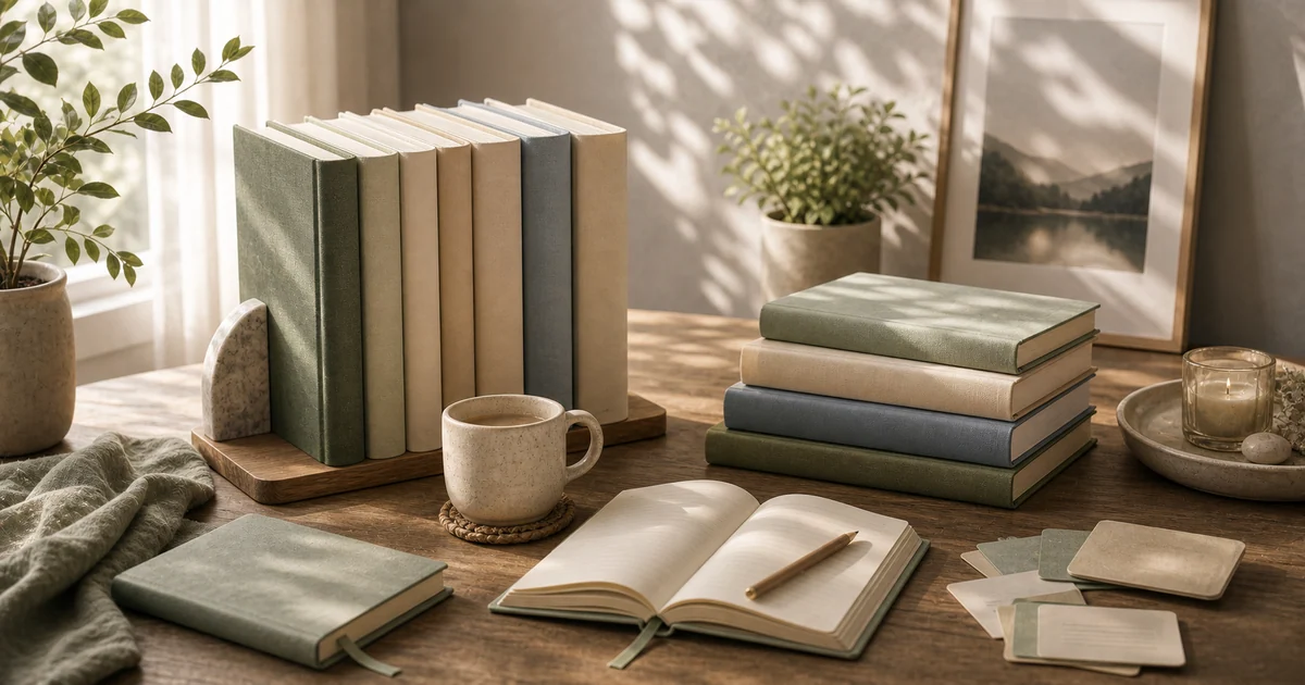 Serene reading desk with blank personal growth books, journal, pencil, soft morning light, and plant shadows