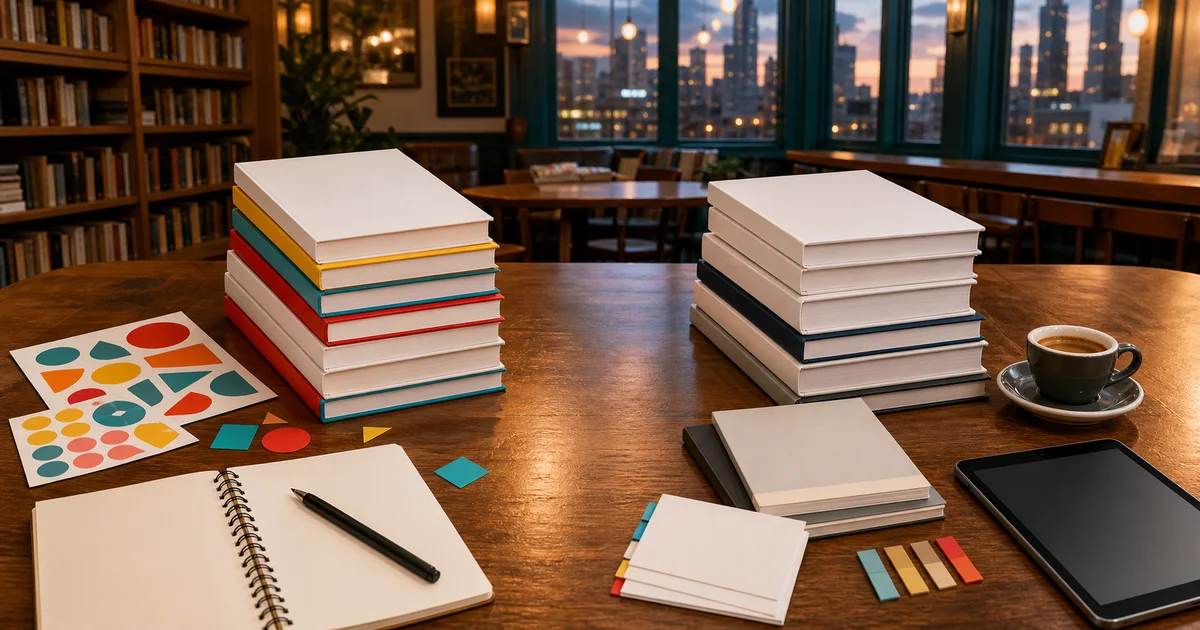 Bright literary cafe table with blank colorful activity books, blank serious books, abstract stickers, notebooks, coffee, and an unbranded tablet