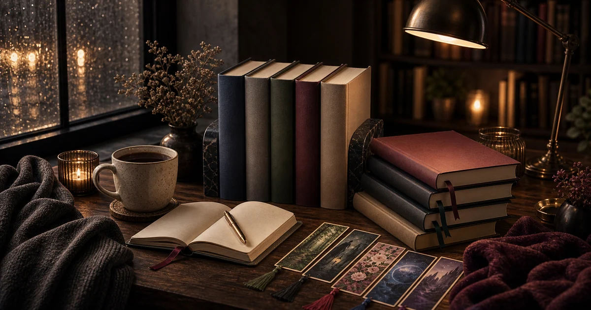 Sophisticated weekend fiction reading table with blank novels, genre-colored bookmarks, coffee, and lamp light