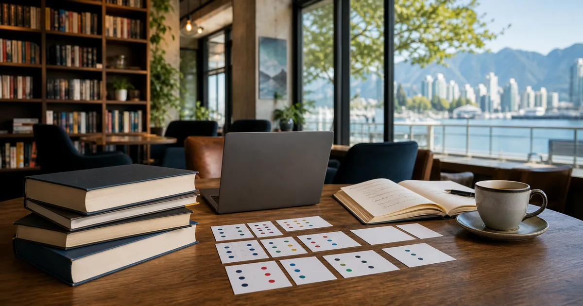 Bright waterfront literary coffeehouse table with blank technology books, abstract data cards, notebook, coffee, and an unbranded laptop