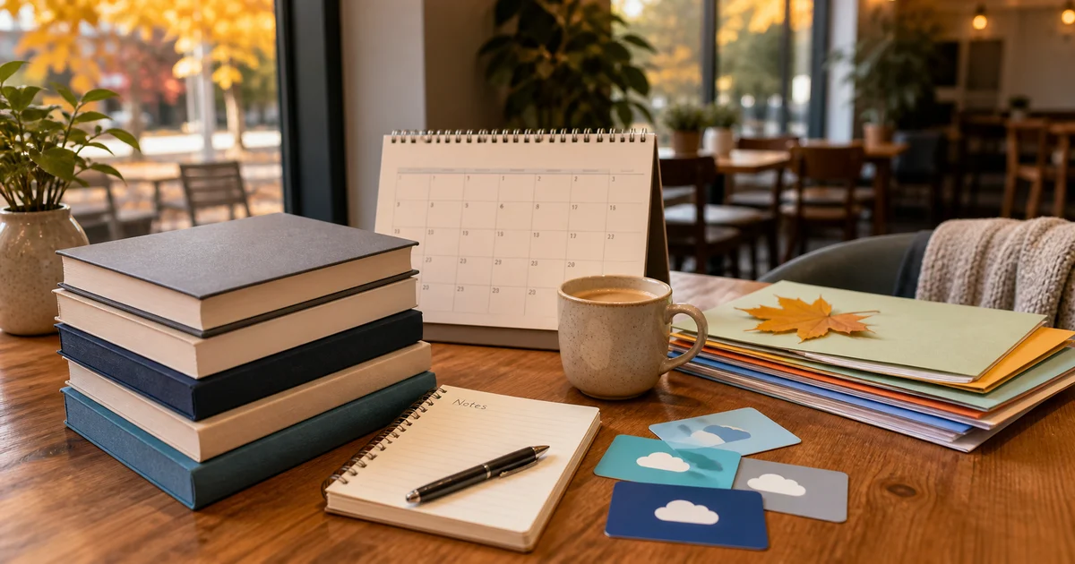 Autumn cafe table with blank technology books, family calendar, school paperwork folders, cloud account cards, notebook, and coffee