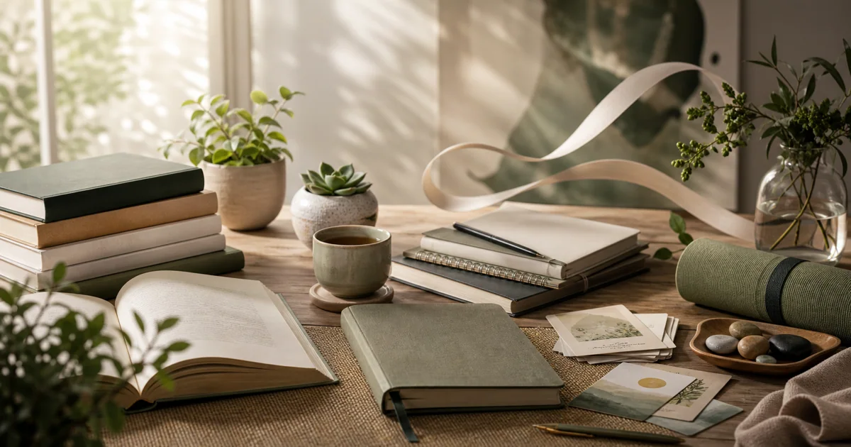 Calm self-improvement reading desk with habit notes, wellness books, and soft morning light