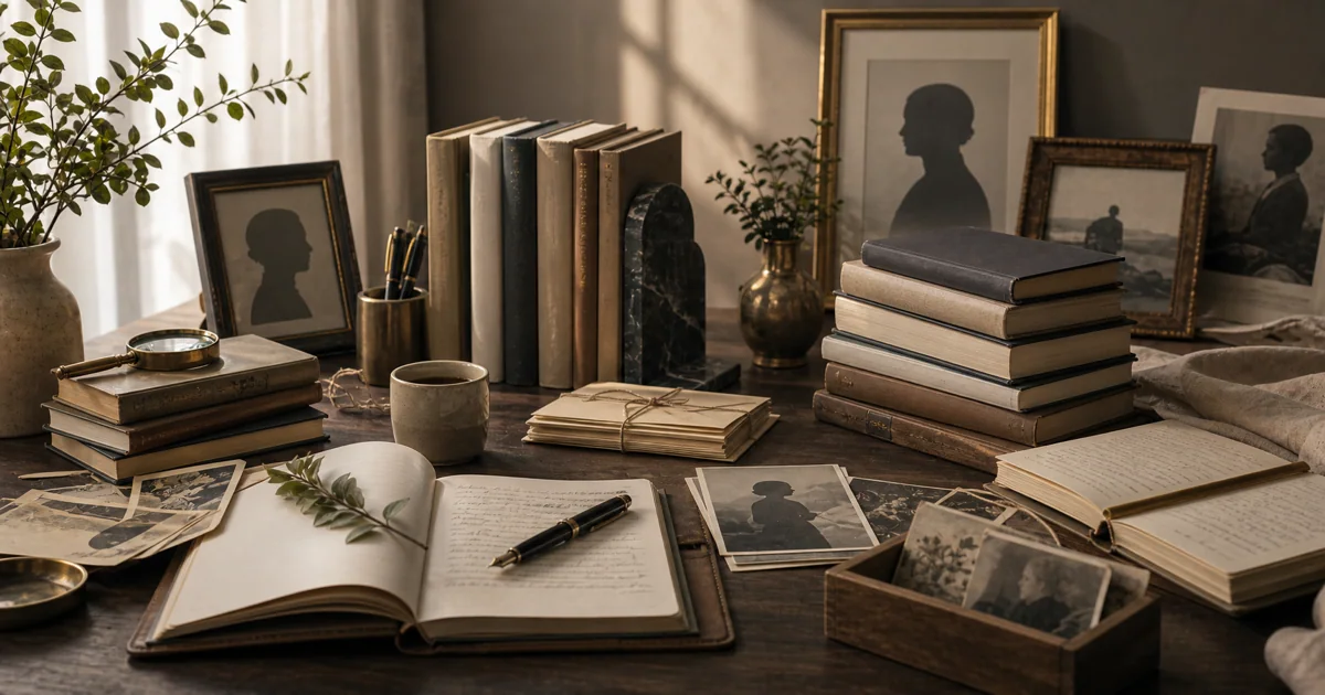 Elegant biography and memoir reading desk with journals, portrait silhouettes, and archival paper textures
