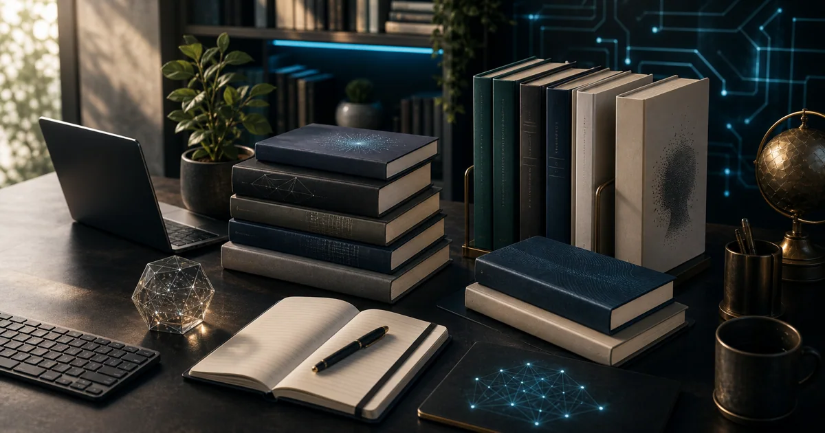Refined technology reading desk with technical books, abstract circuit light, and a logo-free laptop