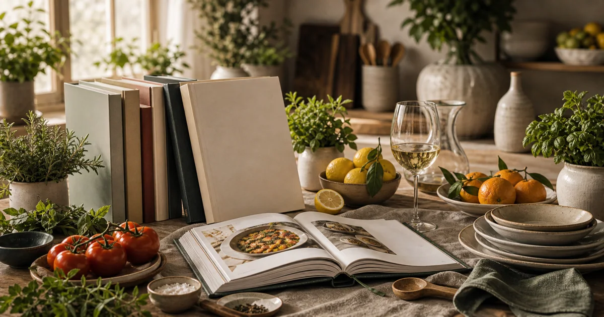 Sophisticated cookbook and food reading table with fresh ingredients, blank cookbooks, and elegant tableware