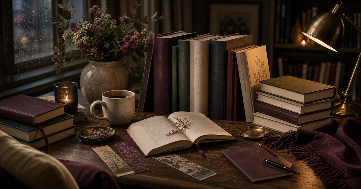 Elegant literature and fiction reading scene with novels, bookmark ribbons, flowers, and warm lamp light