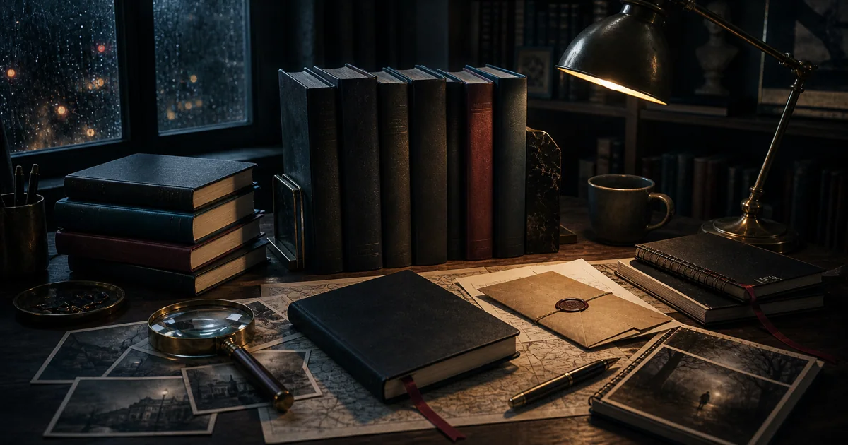 Atmospheric mystery and thriller reading desk with dark books, magnifier, envelope, and rain-lit shadows