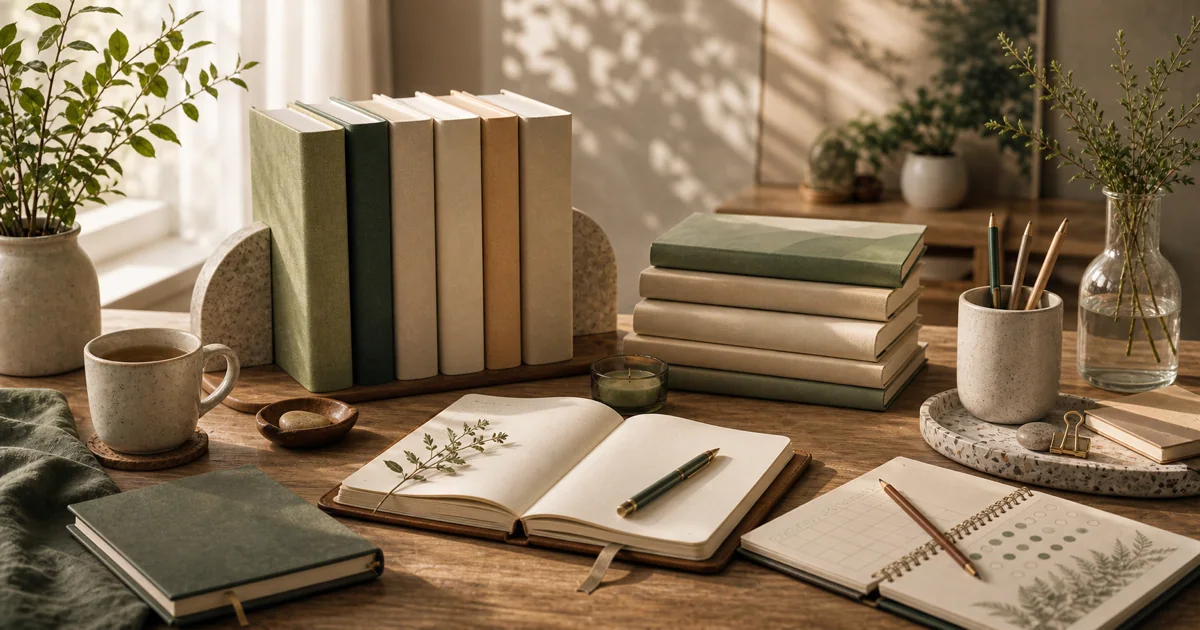 Polished self-help reading desk with journals, habit shapes, blank personal growth books, and morning light